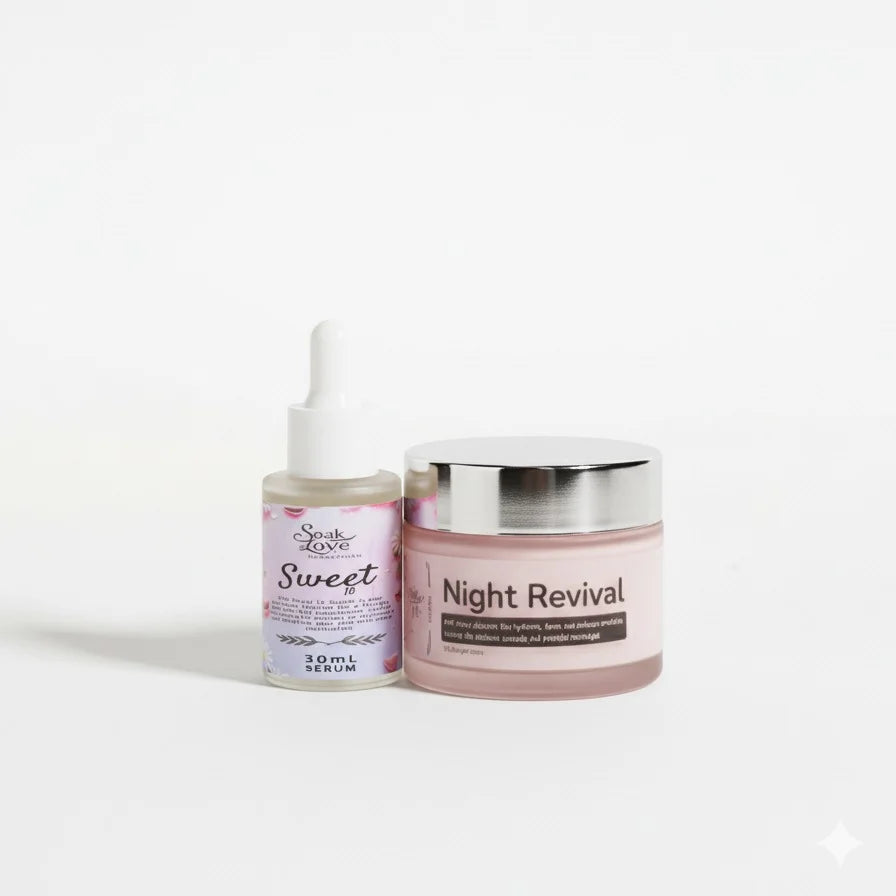 Soak In Love Ageless Beauty Bundle featuring Sweet Face Serum 30ml and Night Revival Cream displayed on a pink background for anti-aging skincare.
