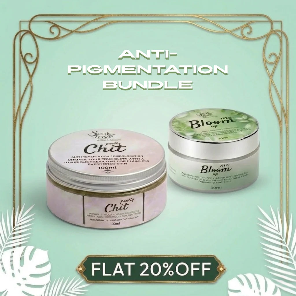 Soak In Love Anti-Pigmentation Bundle featuring Pretty Chit anti-pigmentation mask and Bloom Up brightening cream displayed on a green background.
