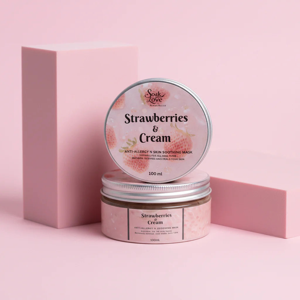 Anti-allergy hydrating face mask with strawberry-inspired packaging.