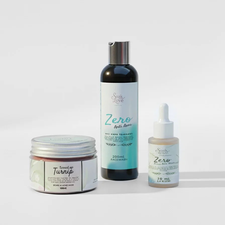 Soak In Love Zero Anti-Acne Skincare Kit featuring 200ml face wash, 100ml acne mask, and 30ml serum displayed together on a white background.