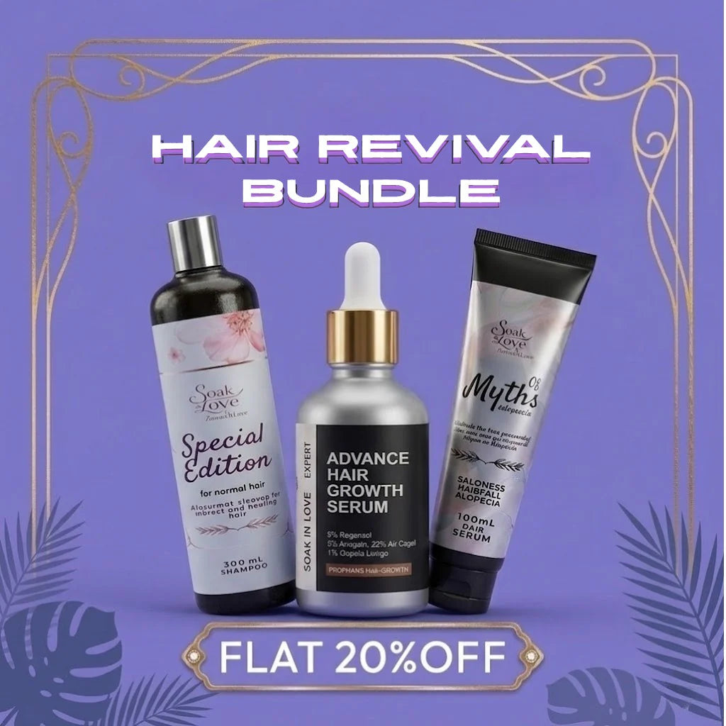Soak In Love Hair Revival Bundle featuring Special Edition shampoo, Advance Hair Growth Serum, and Myths hair serum displayed together on a purple background.