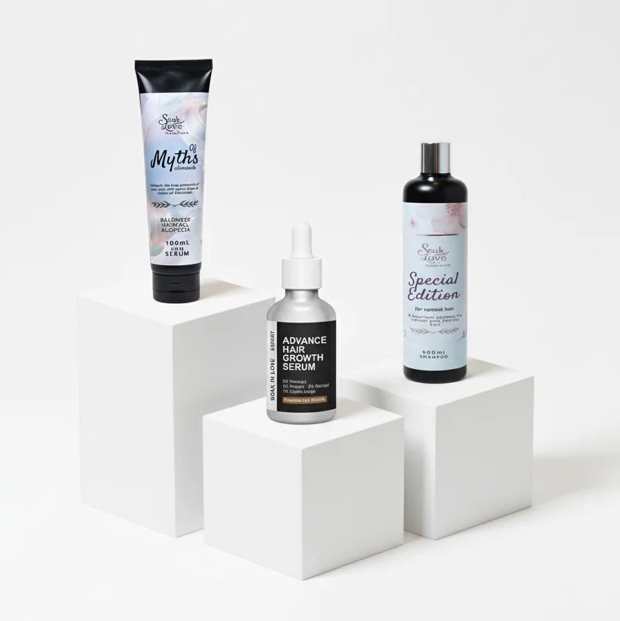 Soak In Love Hair Revival Bundle featuring Special Edition shampoo, Advance Hair Growth Serum, and Myths hair serum displayed together on a purple background.