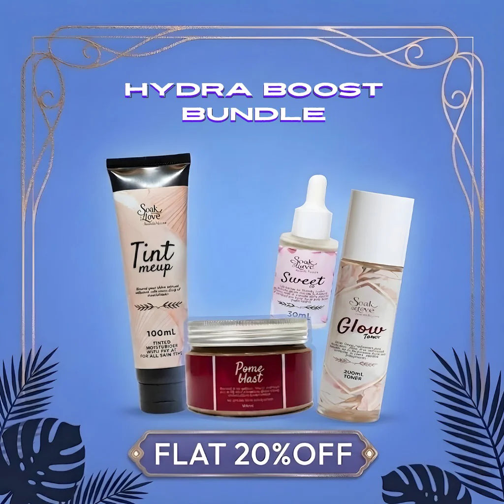 Soak In Love Hydra Boost Bundle featuring Tint Me Up moisturizer, Sweet Face Serum, Glow Toner, and Pome Blast Mask displayed on a blue background.