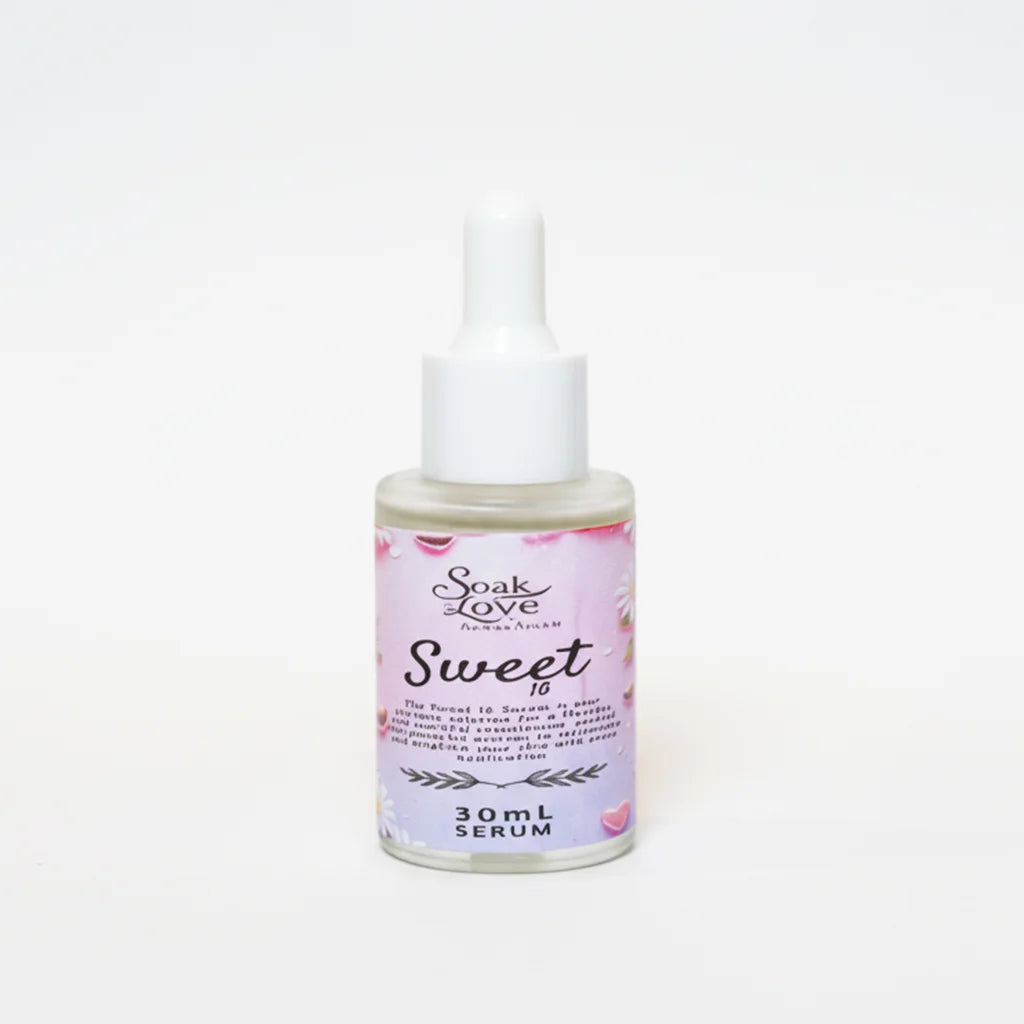 Hydrating Soak in Love Sweet 16 skincare serum with dropper bottle.