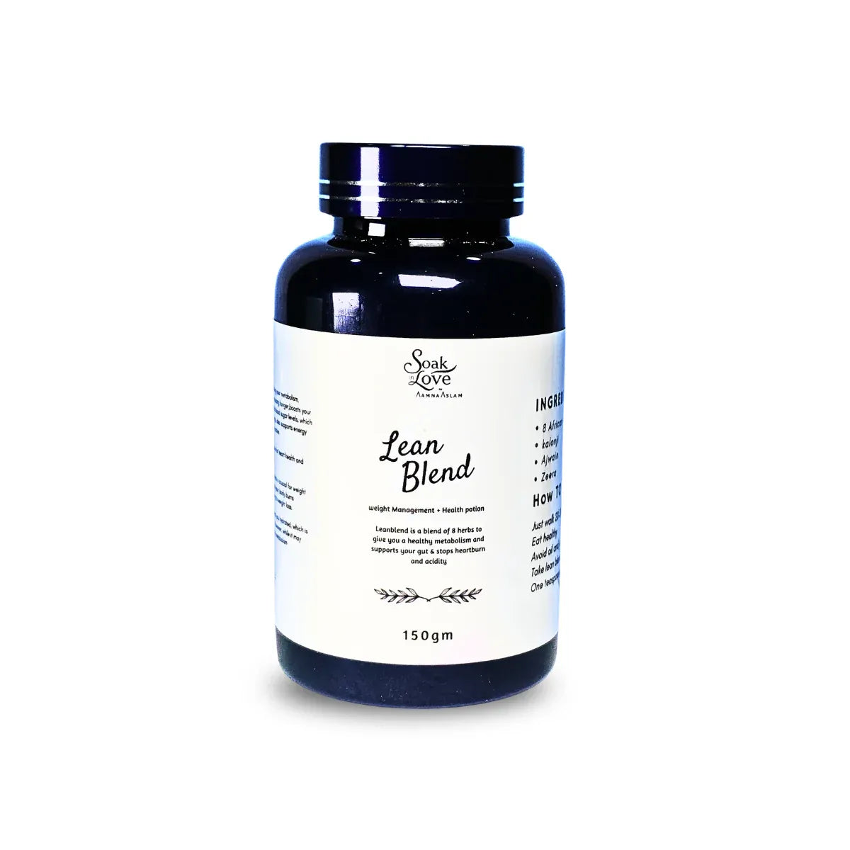 Soak In Love Lean Blend 150g herbal weight management powder with open container displaying herbal powder on a blue background.