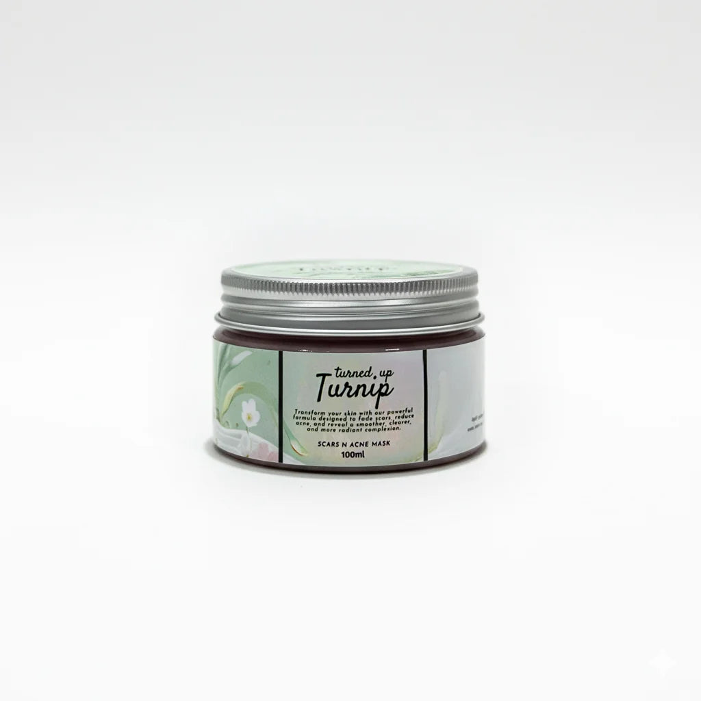 Soak in Love Turned Up Turnip Scars & Acne Mask 100ml in a skincare jar.