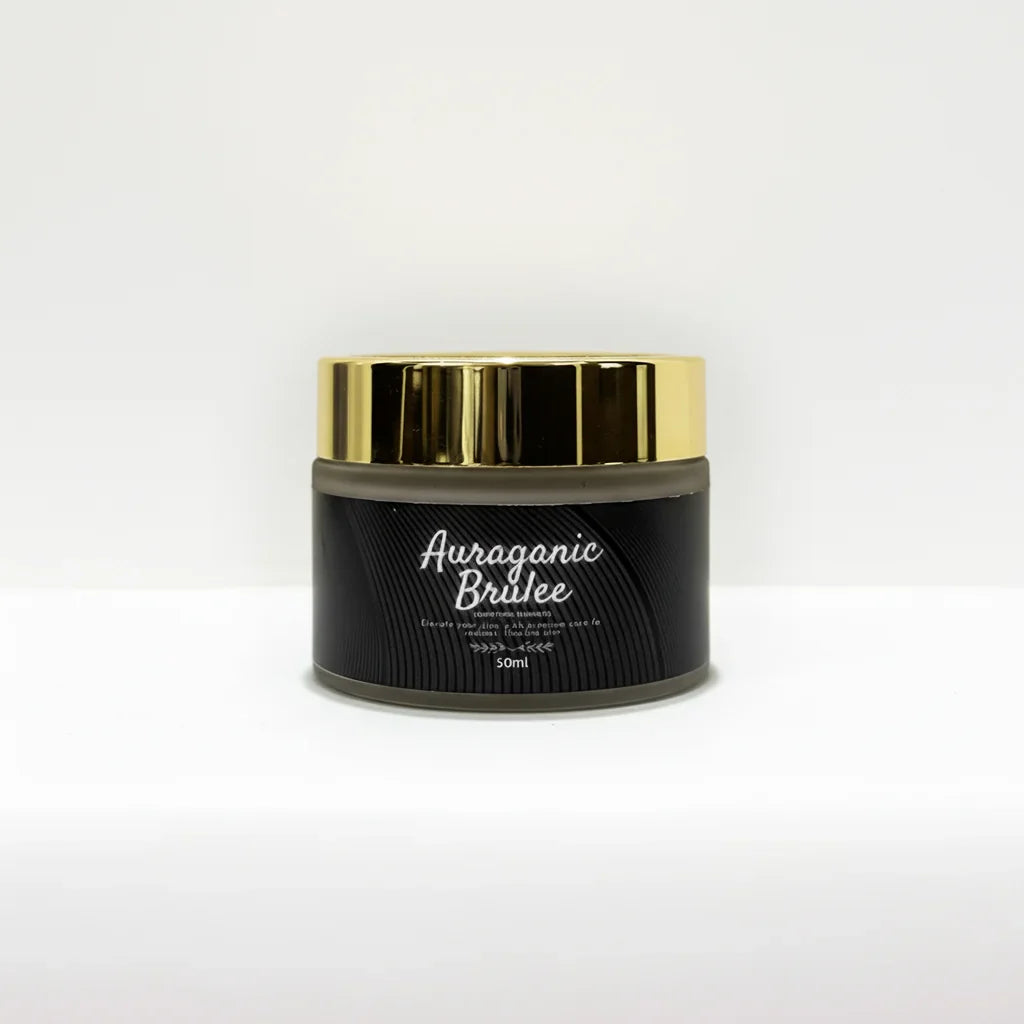Soak in Love Auraganic Brulee Face Cream 50ml in a premium black and gold jar.