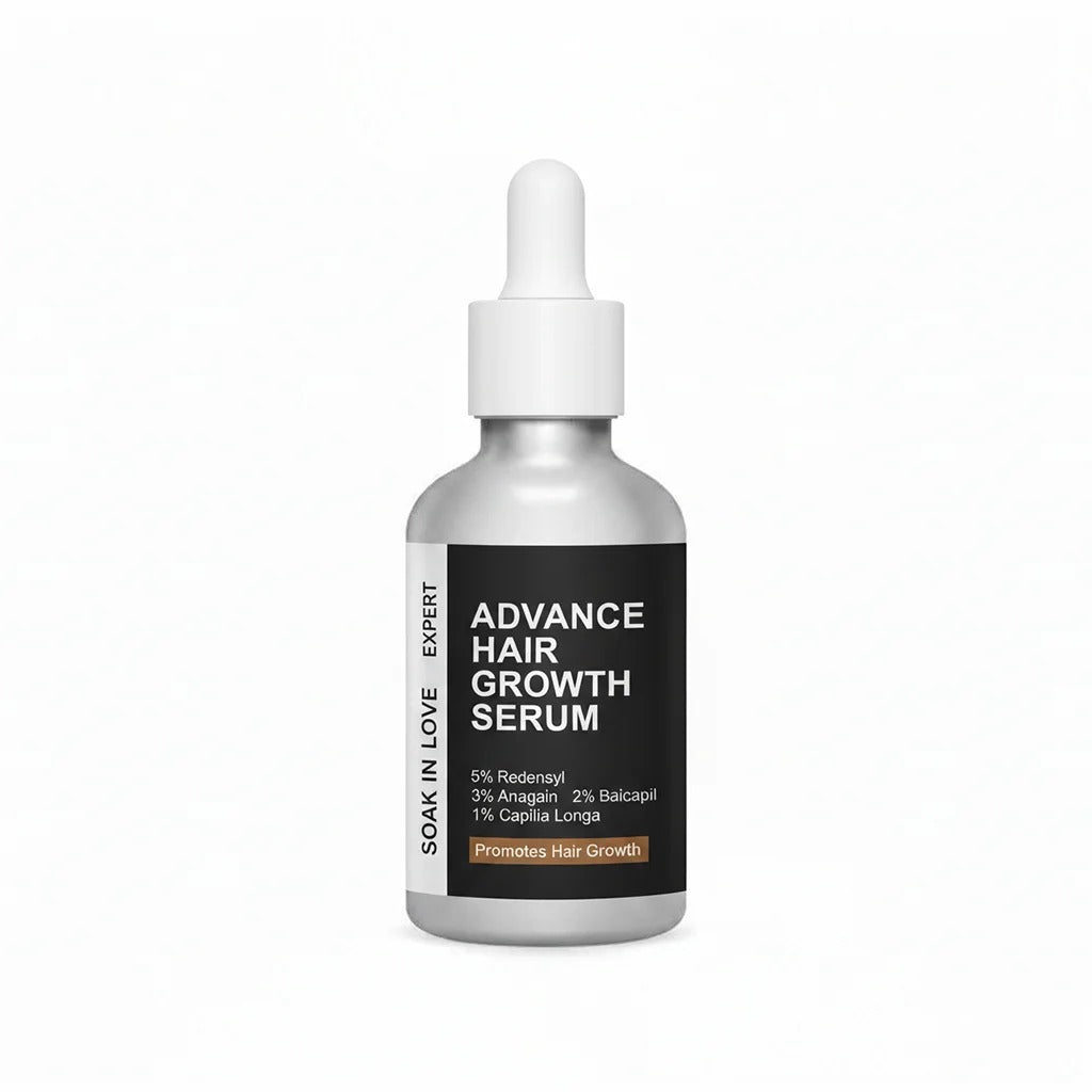 Bottle of Soak in Love Expert Advance Hair Growth Serum with Redensyl, Anagain, Baicapil, and Capilia Longa for healthier-looking, fuller hair.