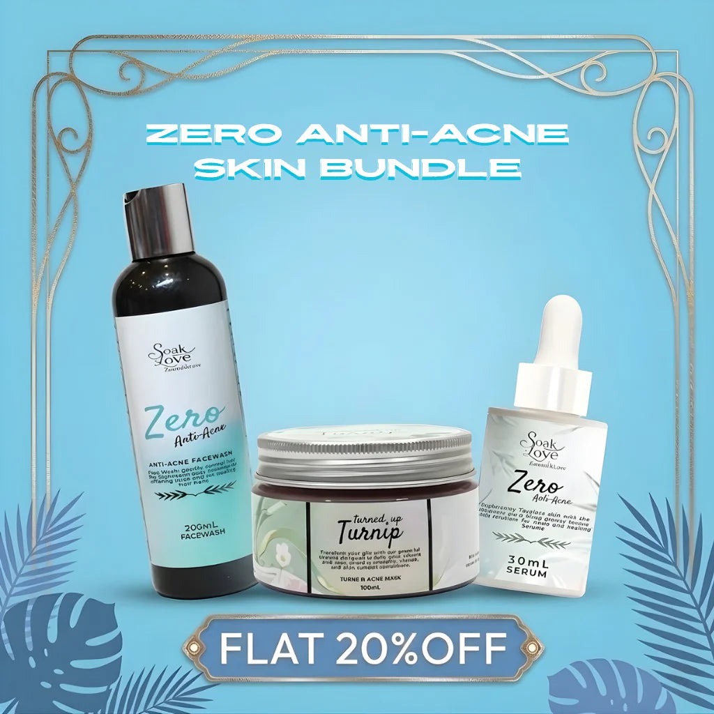 Soak In Love Zero Anti-Acne Skincare Kit featuring 200ml face wash, 100ml acne mask, and 30ml serum displayed together on a white background.