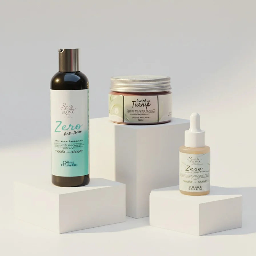 Soak In Love Zero Anti-Acne Skincare Kit featuring 200ml face wash, 100ml acne mask, and 30ml serum displayed together on a white background.