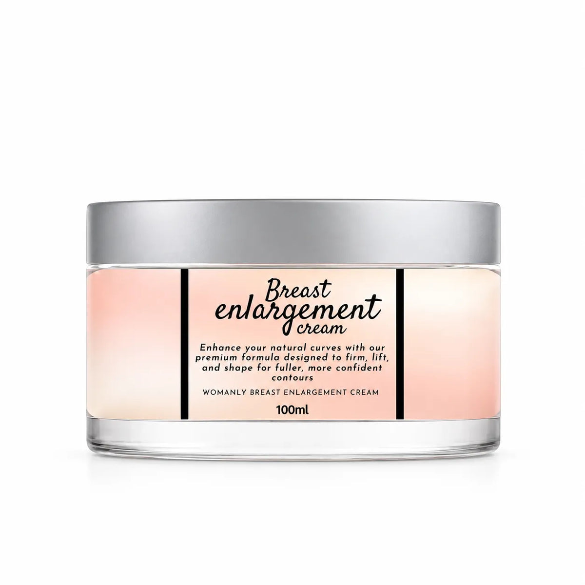 100ml Breast Enhancement Cream in a cosmetic jar with a peach-colored label for moisturizing and improving the appearance of smoother, firmer skin.