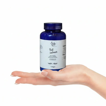 Soak In Love Fat Calmer 150g herbal weight management powder in a blue container on a white background.