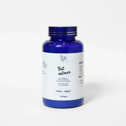 Soak In Love Fat Calmer 150g herbal weight management powder in a blue container on a white background.