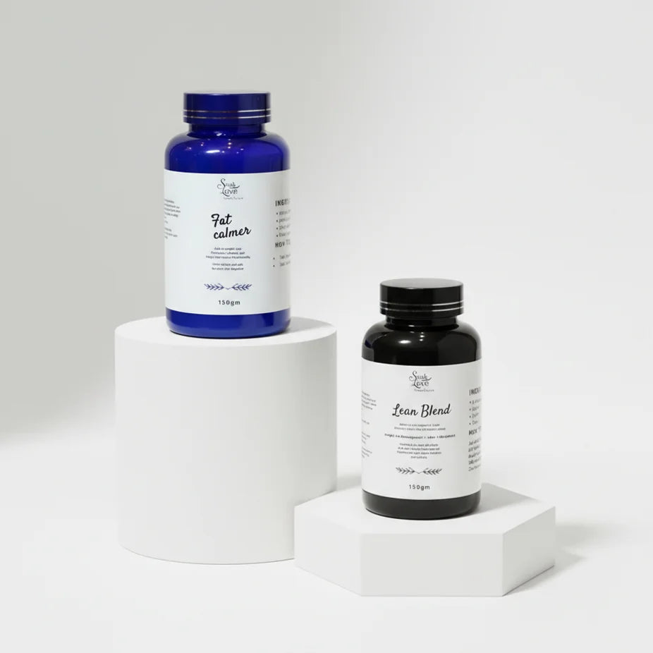 Soak In Love Fat Calmer and Lean Blend 150g herbal wellness supplement bundle displayed on white podiums against a clean white background.