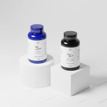 Soak In Love Fat Calmer and Lean Blend 150g herbal wellness supplement bundle displayed on white podiums against a clean white background.