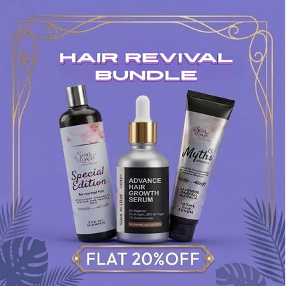 Soak In Love Hair Revival Bundle featuring Special Edition shampoo, Advance Hair Growth Serum, and Myths hair serum displayed together on a purple background.