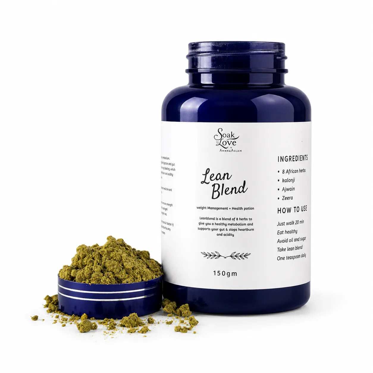 Soak In Love Lean Blend 150g herbal weight management powder with open container displaying herbal powder on a blue background.