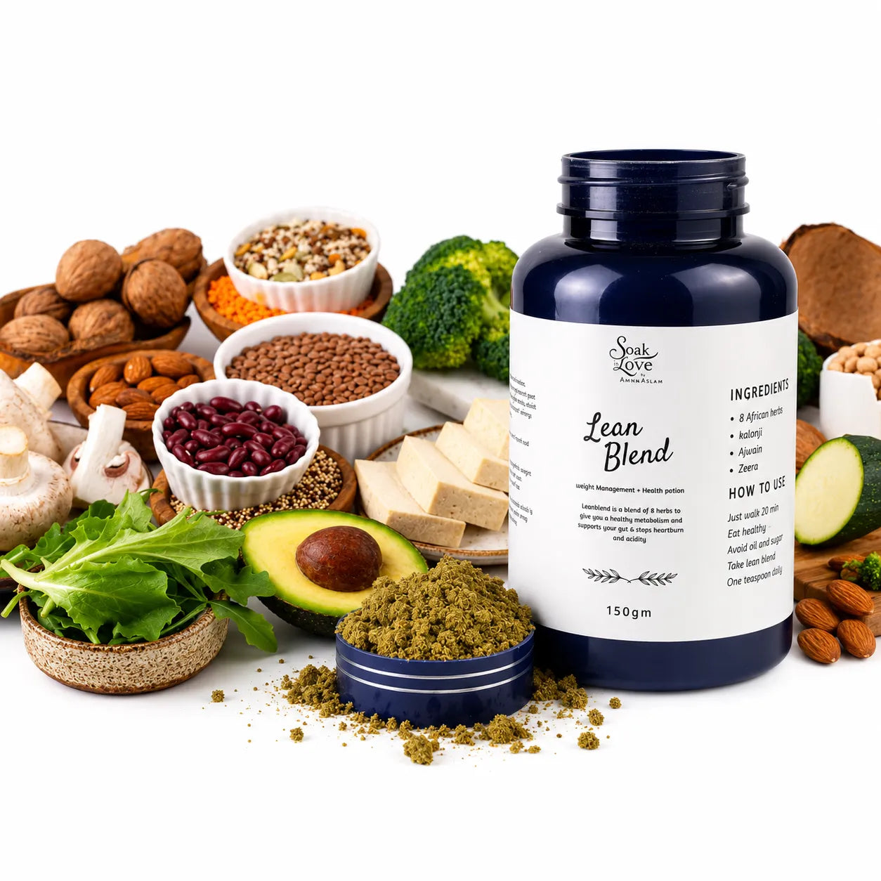 Soak In Love Lean Blend 150g herbal weight management powder with open container displaying herbal powder on a blue background.