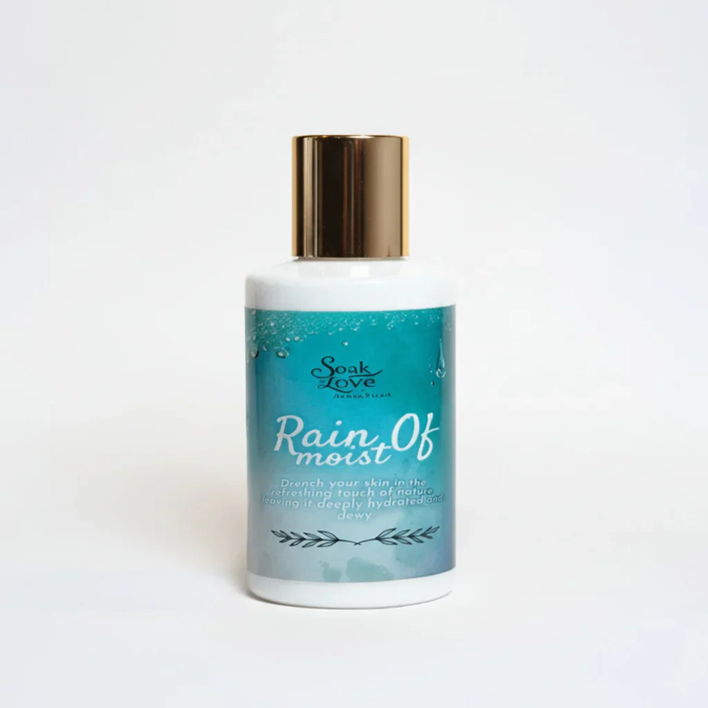 Rain Of Moist body lotion with premium white bottle and gold cap.