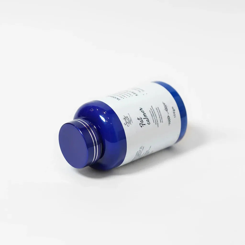 Soak In Love Fat Calmer 150g herbal weight management powder in a blue container on a white background.