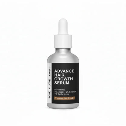 Bottle of Soak in Love Expert Advance Hair Growth Serum with Redensyl, Anagain, Baicapil, and Capilia Longa for healthier-looking, fuller hair.