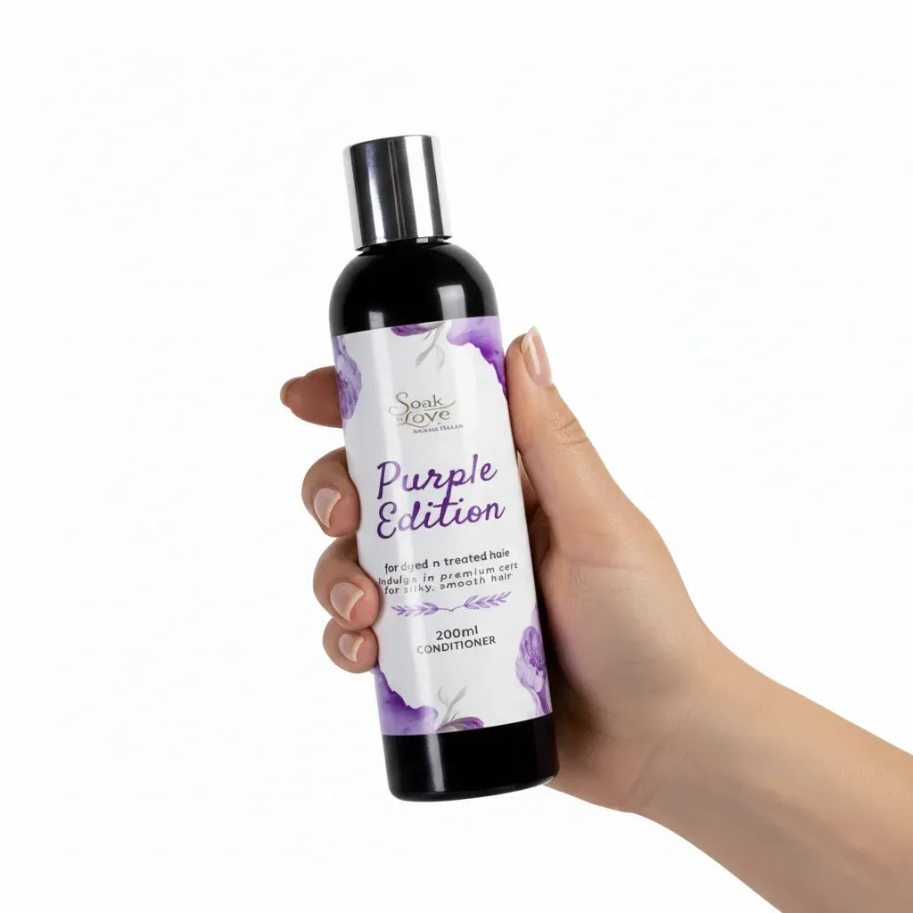 Soak in Love Purple Edition Shampoo 500ml bottle for dyed and color-treated hair with a white and purple floral label on a white background.