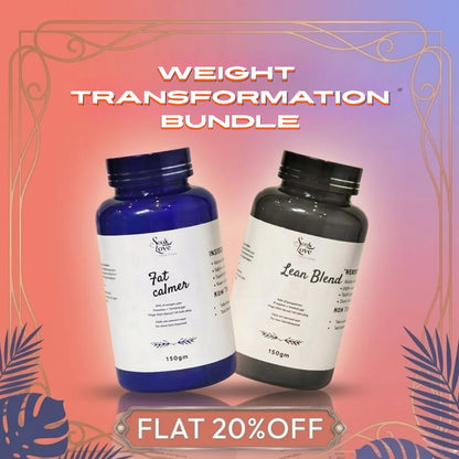 Soak In Love Fat Calmer and Lean Blend 150g herbal wellness supplement bundle displayed on white podiums against a clean white background.